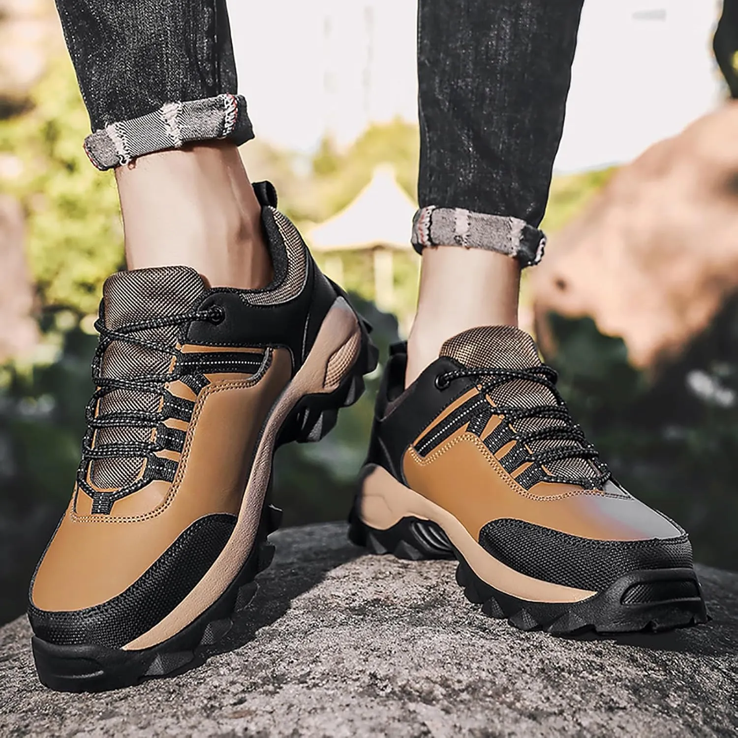 Men's Waterproof Hiking Shoes Lightweight Comfortable Non Slip Breathable Leather Walking Shoes for Outdoor Trekking Climbing Camping with Arch Support Men's Daily Work Shoe