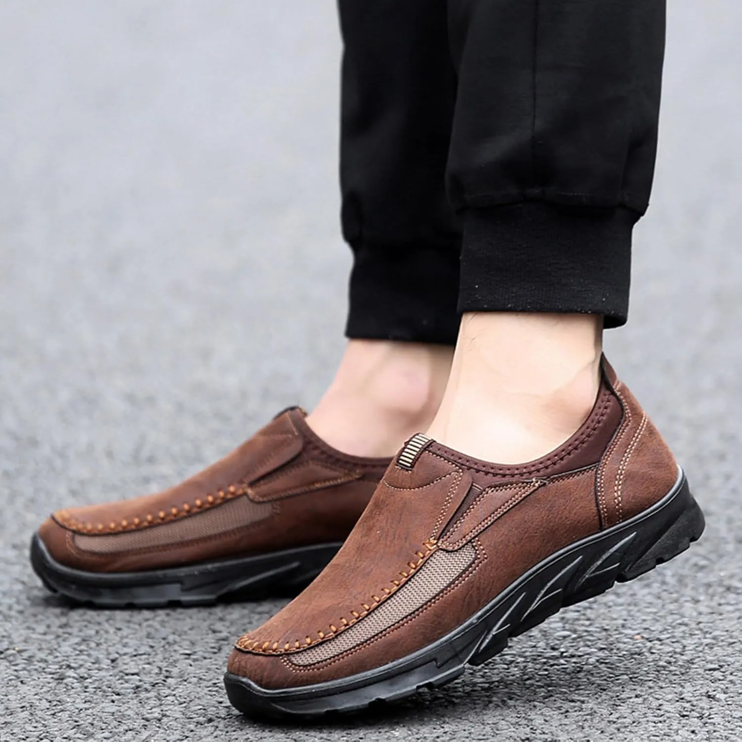 Men's Waterproof Hiking Shoes Slip On Leather Non Slip Outdoor Walking Climbing Casual Loafers Comfortable Work Business Shoes for Men All Day Workout Long Standing