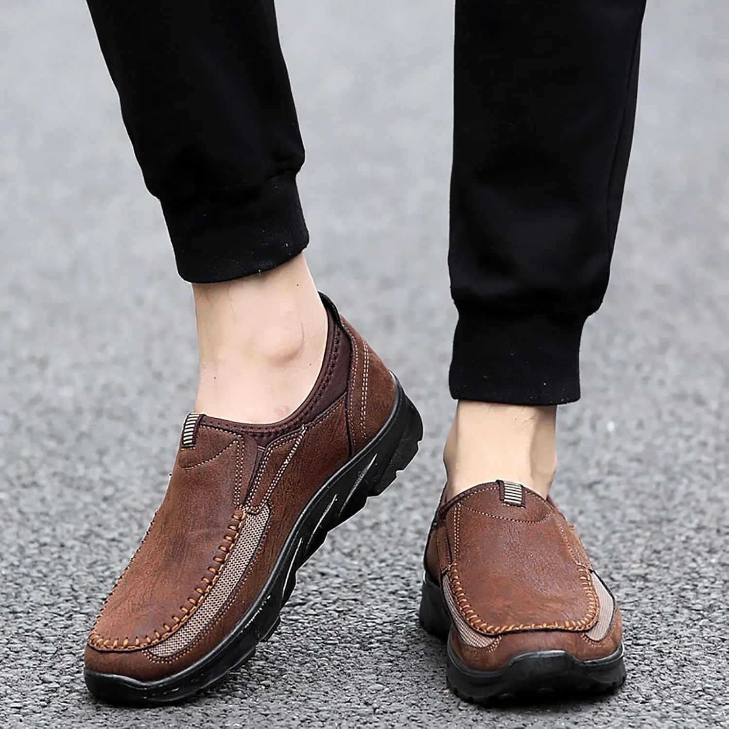Men's Waterproof Hiking Shoes Slip On Leather Non Slip Outdoor Walking Climbing Casual Loafers Comfortable Work Business Shoes for Men All Day Workout Long Standing