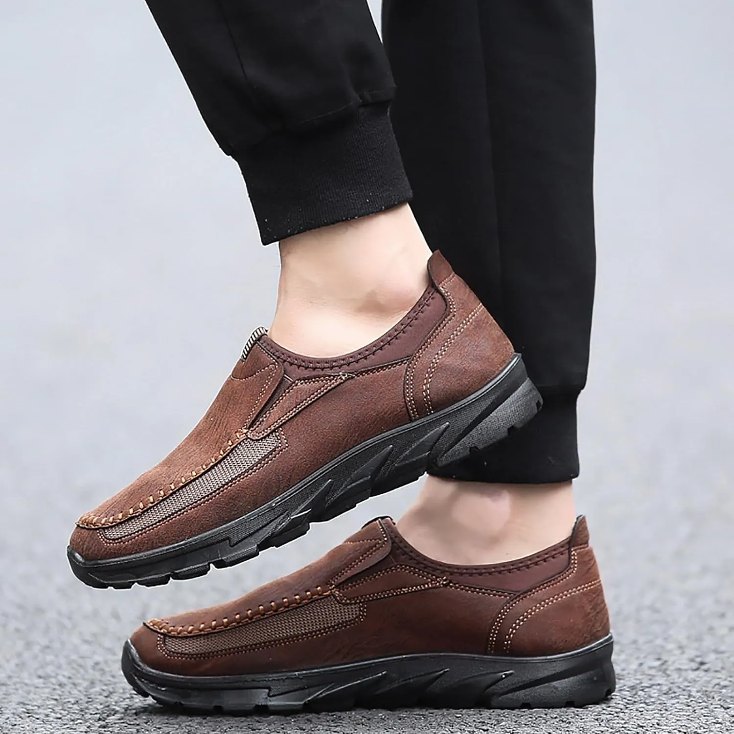 Men's Waterproof Hiking Shoes Slip On Leather Non Slip Outdoor Walking Climbing Casual Loafers Comfortable Work Business Shoes for Men All Day Workout Long Standing