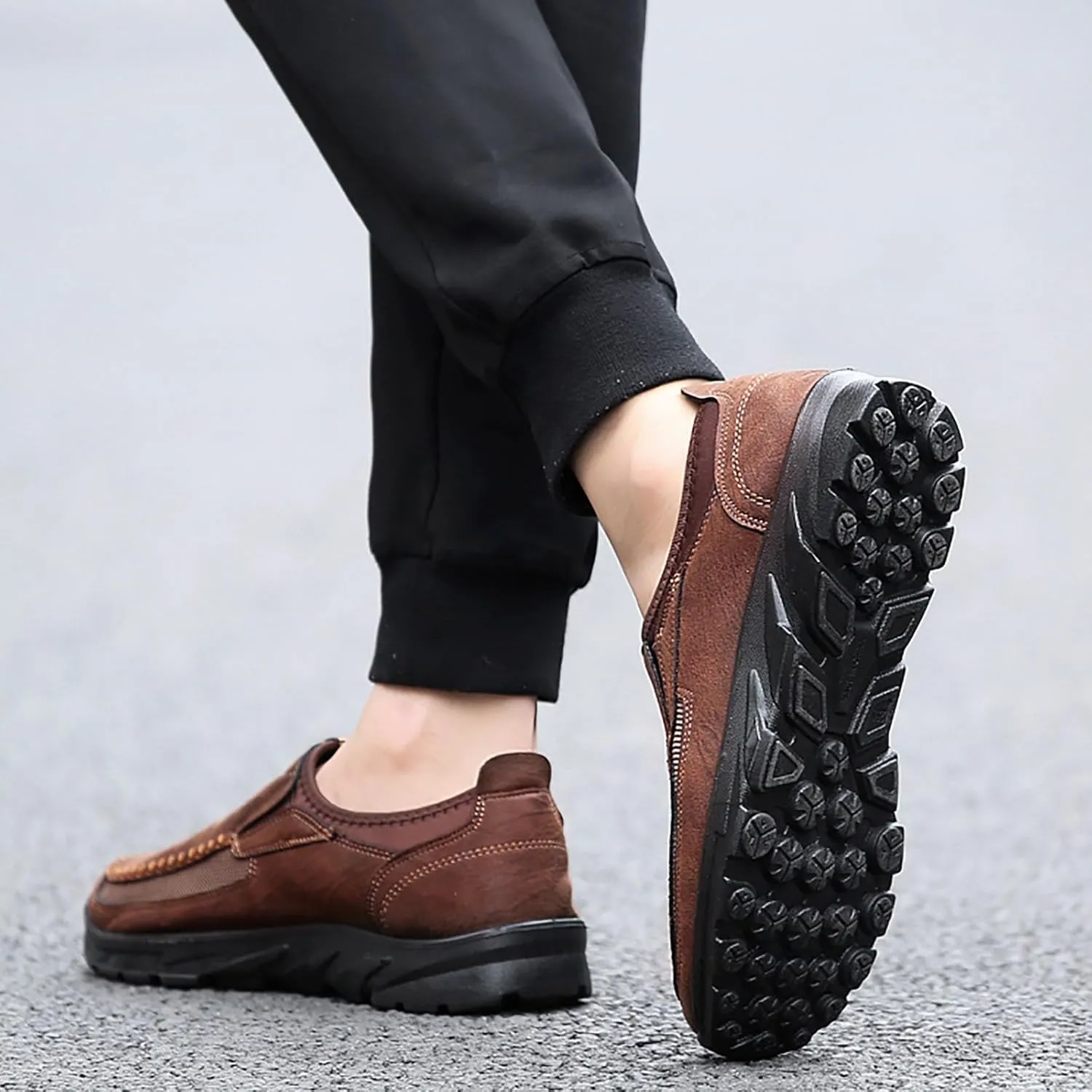 Men's Waterproof Hiking Shoes Slip On Leather Non Slip Outdoor Walking Climbing Casual Loafers Comfortable Work Business Shoes for Men All Day Workout Long Standing