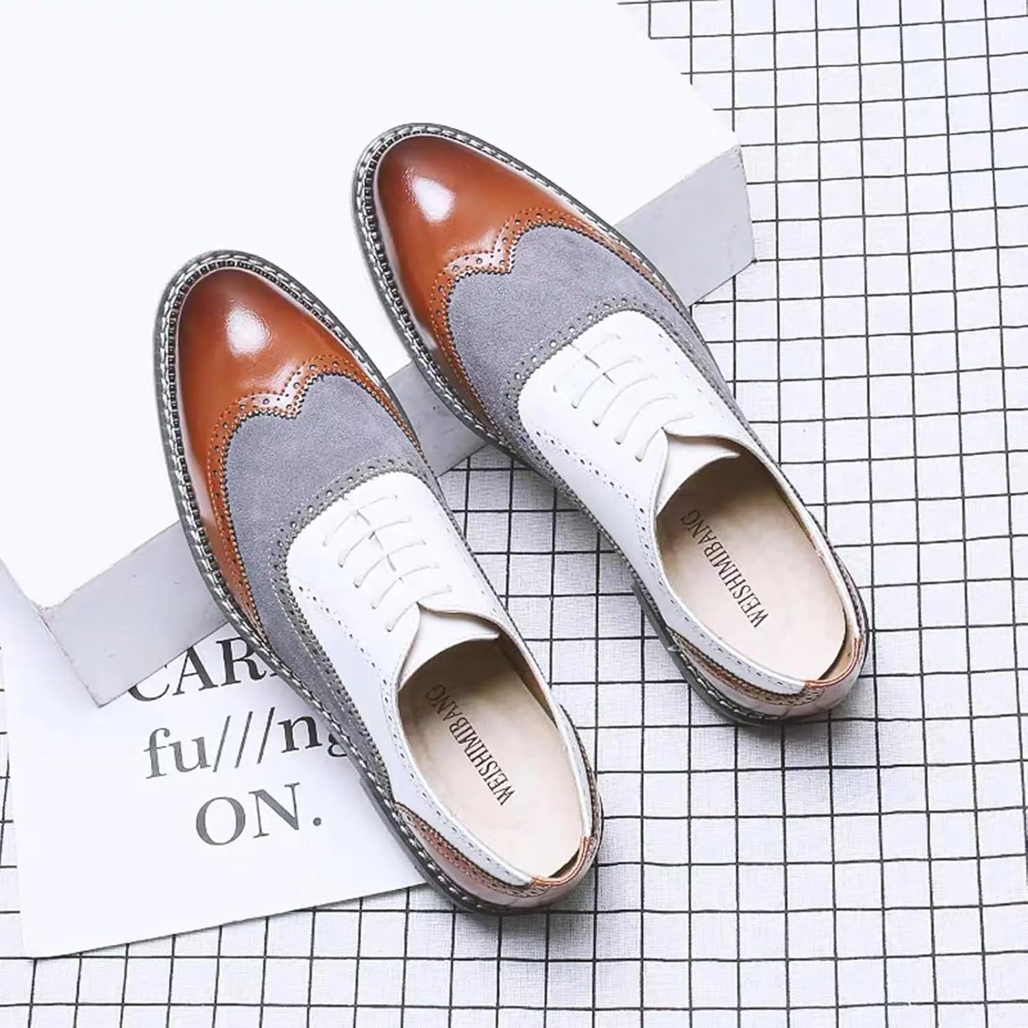 Men's Wingtip Two Tone Patchwork Brogue Oxfords Shoes Fashion Classic Round-Toe Lace Up Low Top Leather Dress Shoes Hand Stitched Casual Business Formal Derby Shoes