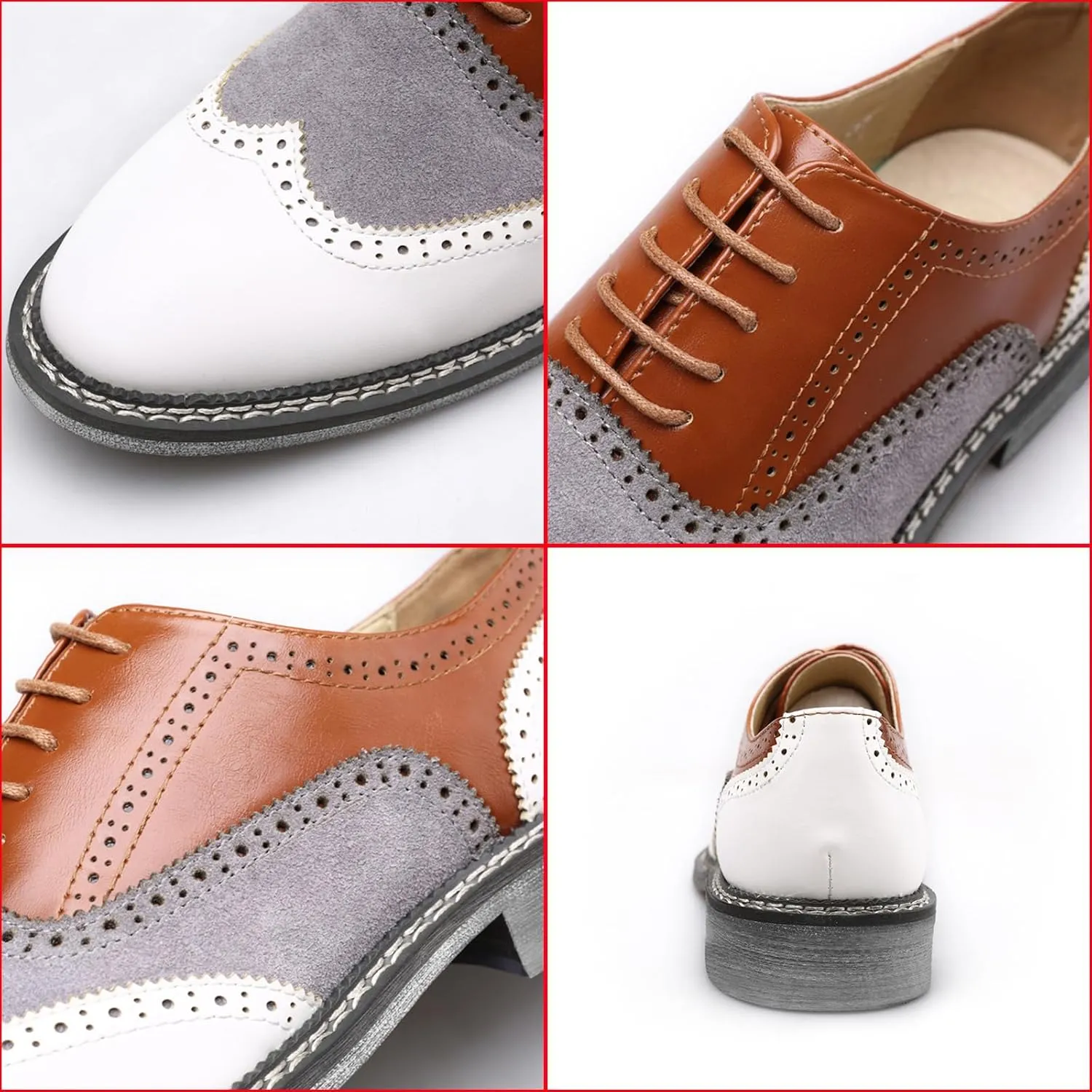 Men's Wingtip Two Tone Patchwork Brogue Oxfords Shoes Fashion Classic Round-Toe Lace Up Low Top Leather Dress Shoes Hand Stitched Casual Business Formal Derby Shoes