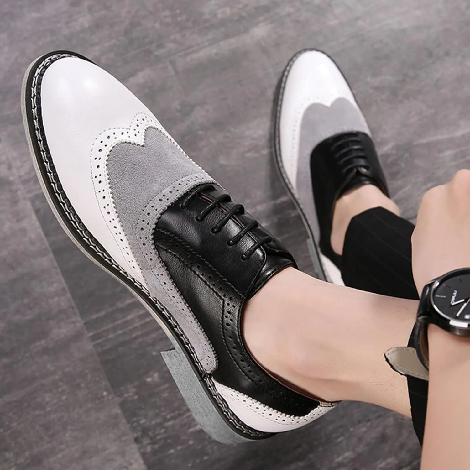Men's Wingtip Two Tone Patchwork Brogue Oxfords Shoes Fashion Classic Round-Toe Lace Up Low Top Leather Dress Shoes Hand Stitched Casual Business Formal Derby Shoes
