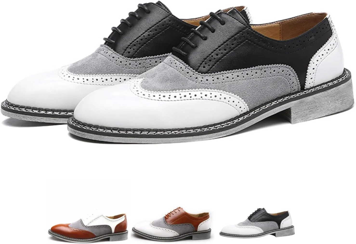 Men's Wingtip Two Tone Patchwork Brogue Oxfords Shoes Fashion Classic Round-Toe Lace Up Low Top Leather Dress Shoes Hand Stitched Casual Business Formal Derby Shoes