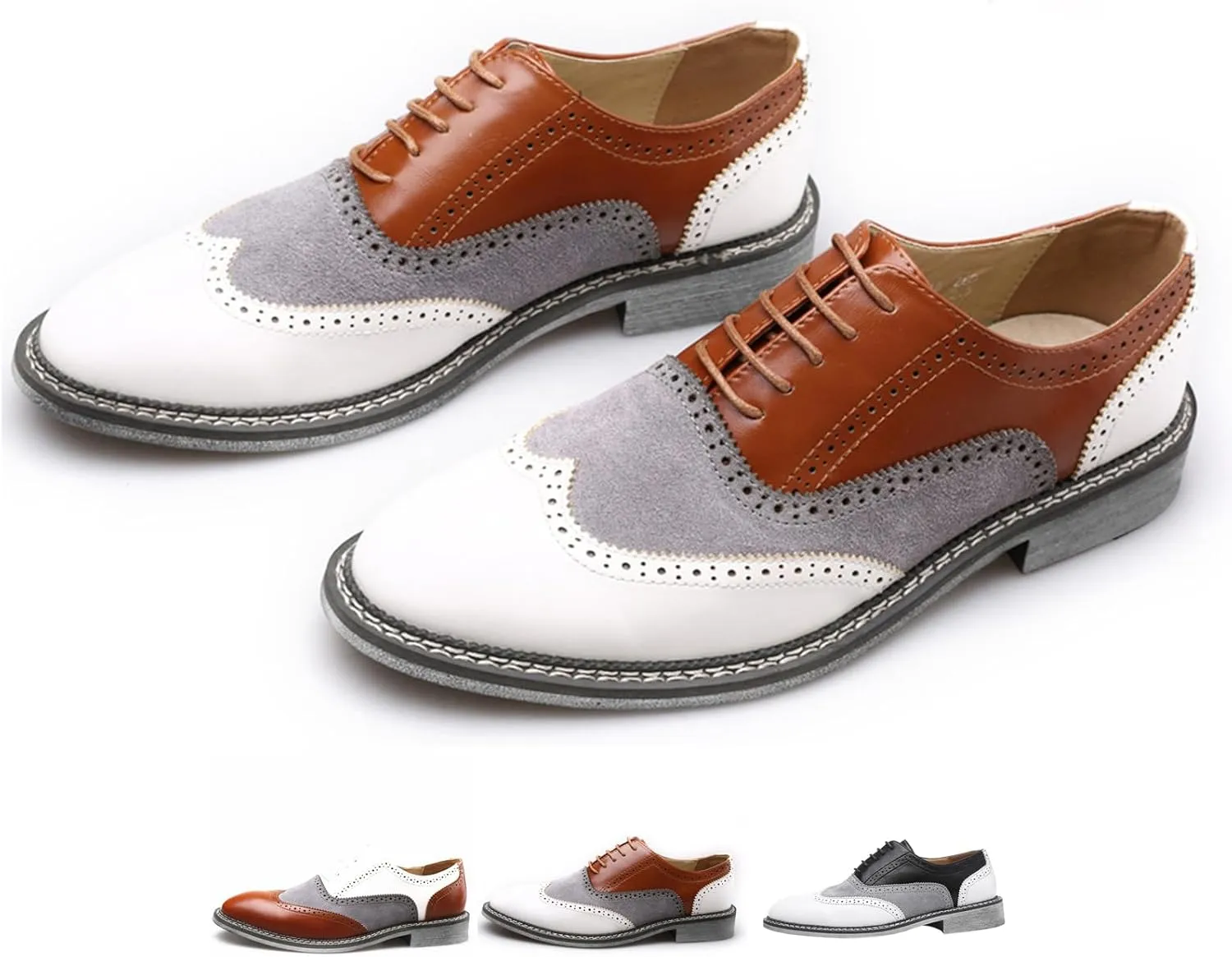 Men's Wingtip Two Tone Patchwork Brogue Oxfords Shoes Fashion Classic Round-Toe Lace Up Low Top Leather Dress Shoes Hand Stitched Casual Business Formal Derby Shoes
