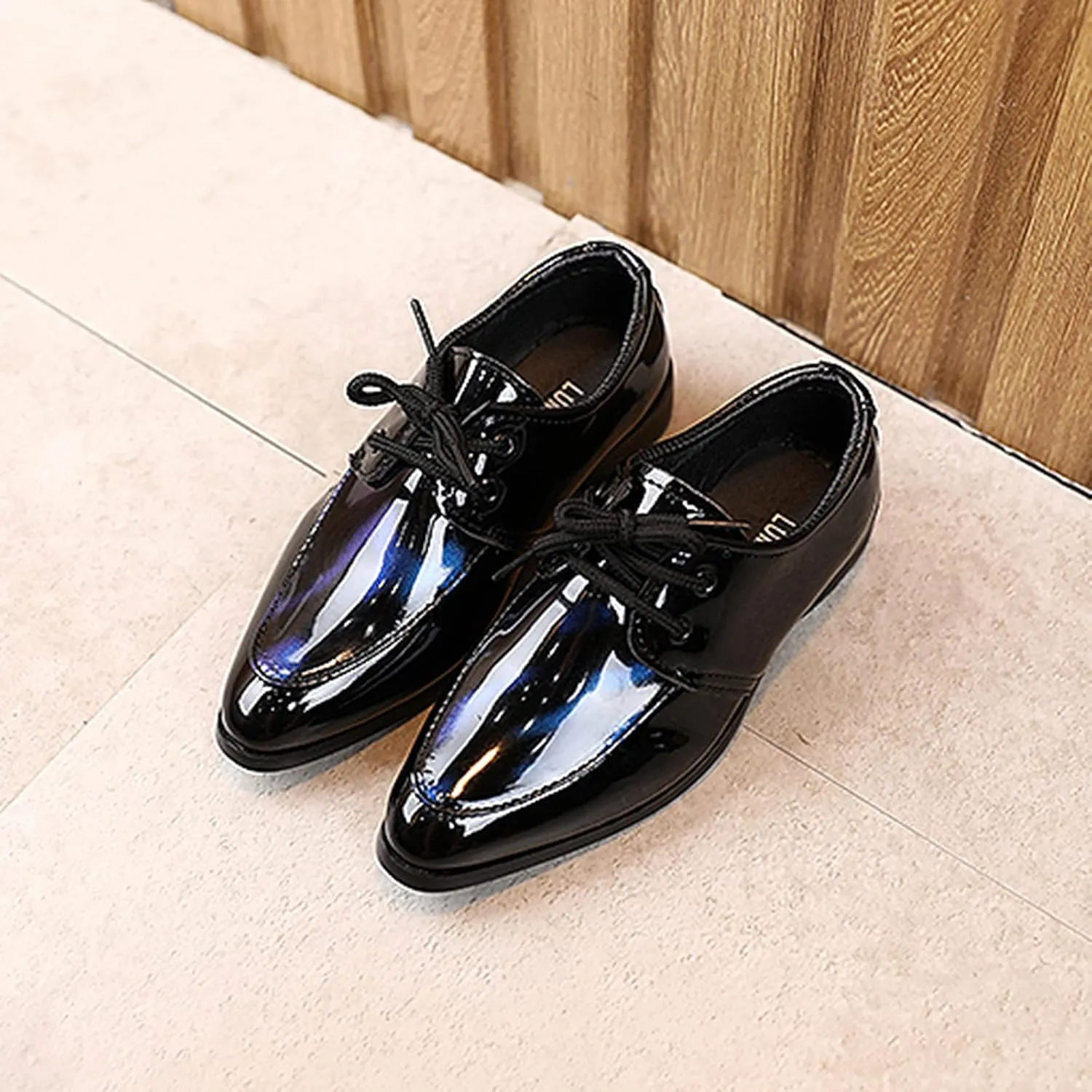 Pointed Toe Dress Shoes for Boys Kids Toddler British Style Glossy Leather Shoes Wedding Formal Oxfords Dressy Shoes