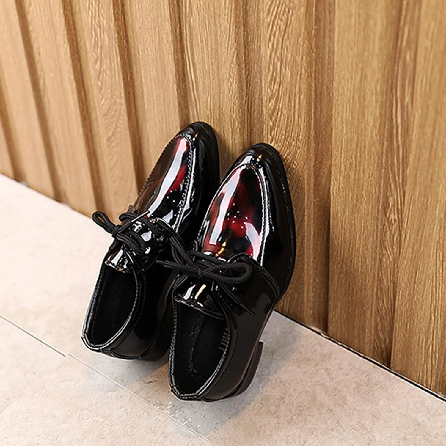 Pointed Toe Dress Shoes for Boys Kids Toddler British Style Glossy Leather Shoes Wedding Formal Oxfords Dressy Shoes