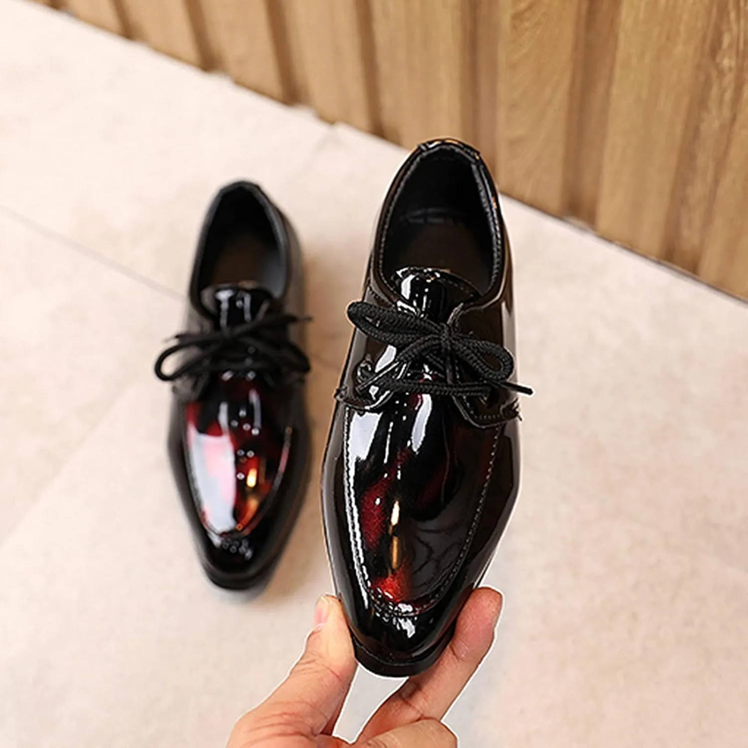Pointed Toe Dress Shoes for Boys Kids Toddler British Style Glossy Leather Shoes Wedding Formal Oxfords Dressy Shoes