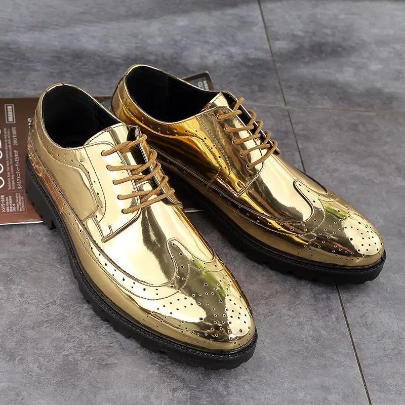 Santimon Glitter Shoes for Men Wingtip Perforated Flashing Party Dress Lace-up Metallic Oxfords Shoes