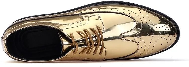 Santimon Glitter Shoes for Men Wingtip Perforated Flashing Party Dress Lace-up Metallic Oxfords Shoes