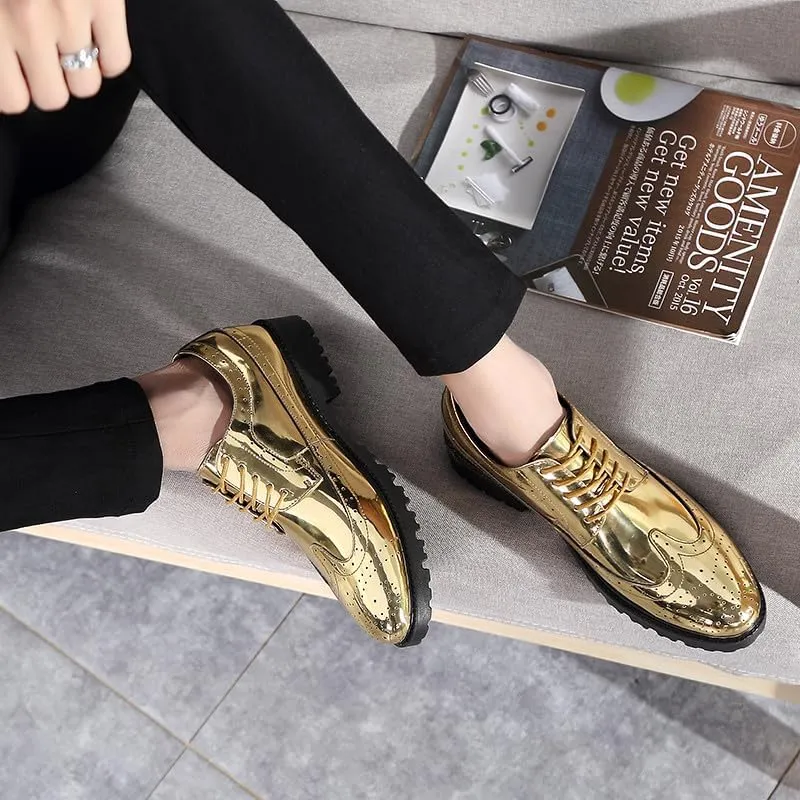 Santimon Glitter Shoes for Men Wingtip Perforated Flashing Party Dress Lace-up Metallic Oxfords Shoes