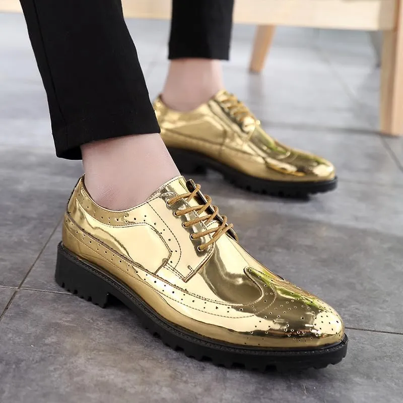 Santimon Glitter Shoes for Men Wingtip Perforated Flashing Party Dress Lace-up Metallic Oxfords Shoes