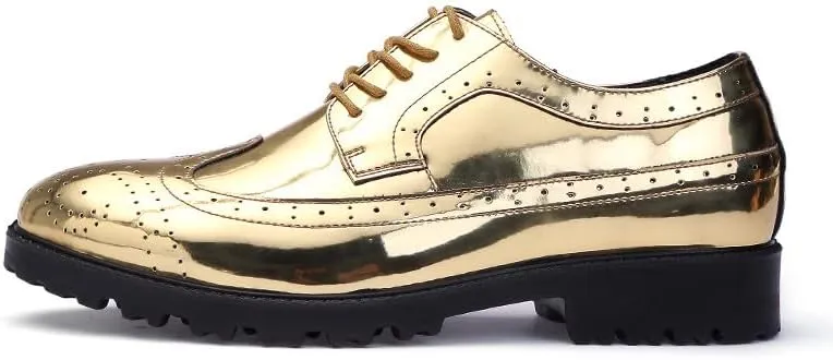 Santimon Glitter Shoes for Men Wingtip Perforated Flashing Party Dress Lace-up Metallic Oxfords Shoes