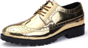 Santimon Glitter Shoes for Men Wingtip Perforated Flashing Party Dress Lace-up Metallic Oxfords Shoes