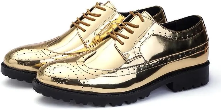 Santimon Glitter Shoes for Men Wingtip Perforated Flashing Party Dress Lace-up Metallic Oxfords Shoes
