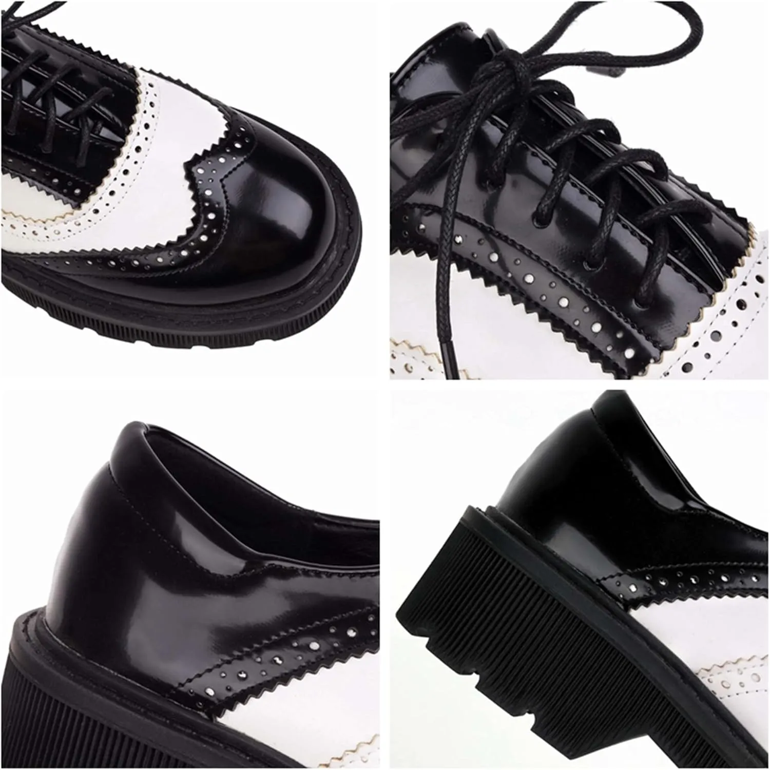 Seborluys Women's PU Leather Oxfords Wingtip Lace Up Shoes Chunky Low Heel Vintage Round Toe Brogue Shoes