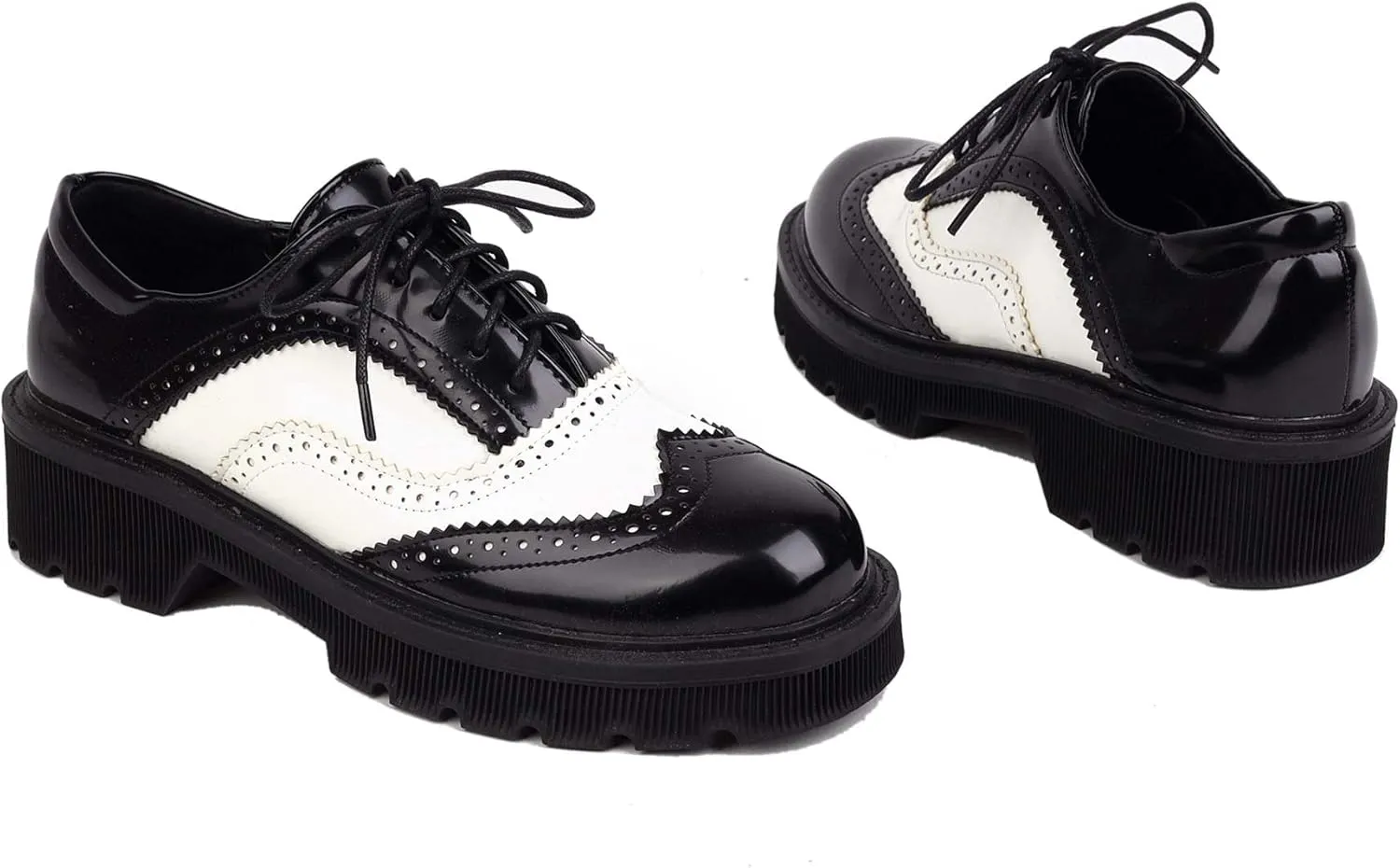 Seborluys Women's PU Leather Oxfords Wingtip Lace Up Shoes Chunky Low Heel Vintage Round Toe Brogue Shoes