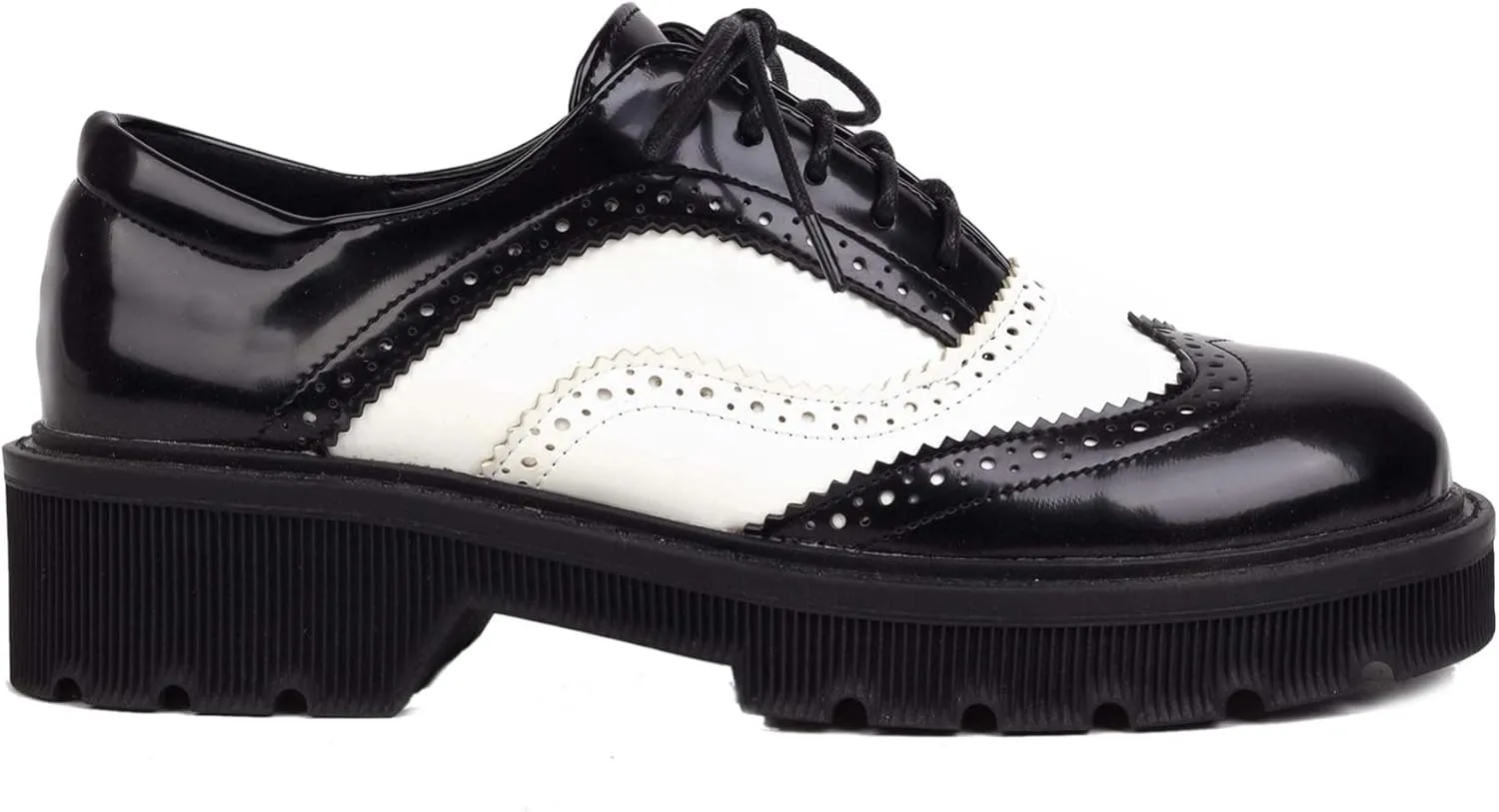 Seborluys Women's PU Leather Oxfords Wingtip Lace Up Shoes Chunky Low Heel Vintage Round Toe Brogue Shoes