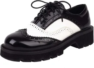 Seborluys Women's PU Leather Oxfords Wingtip Lace Up Shoes Chunky Low Heel Vintage Round Toe Brogue Shoes