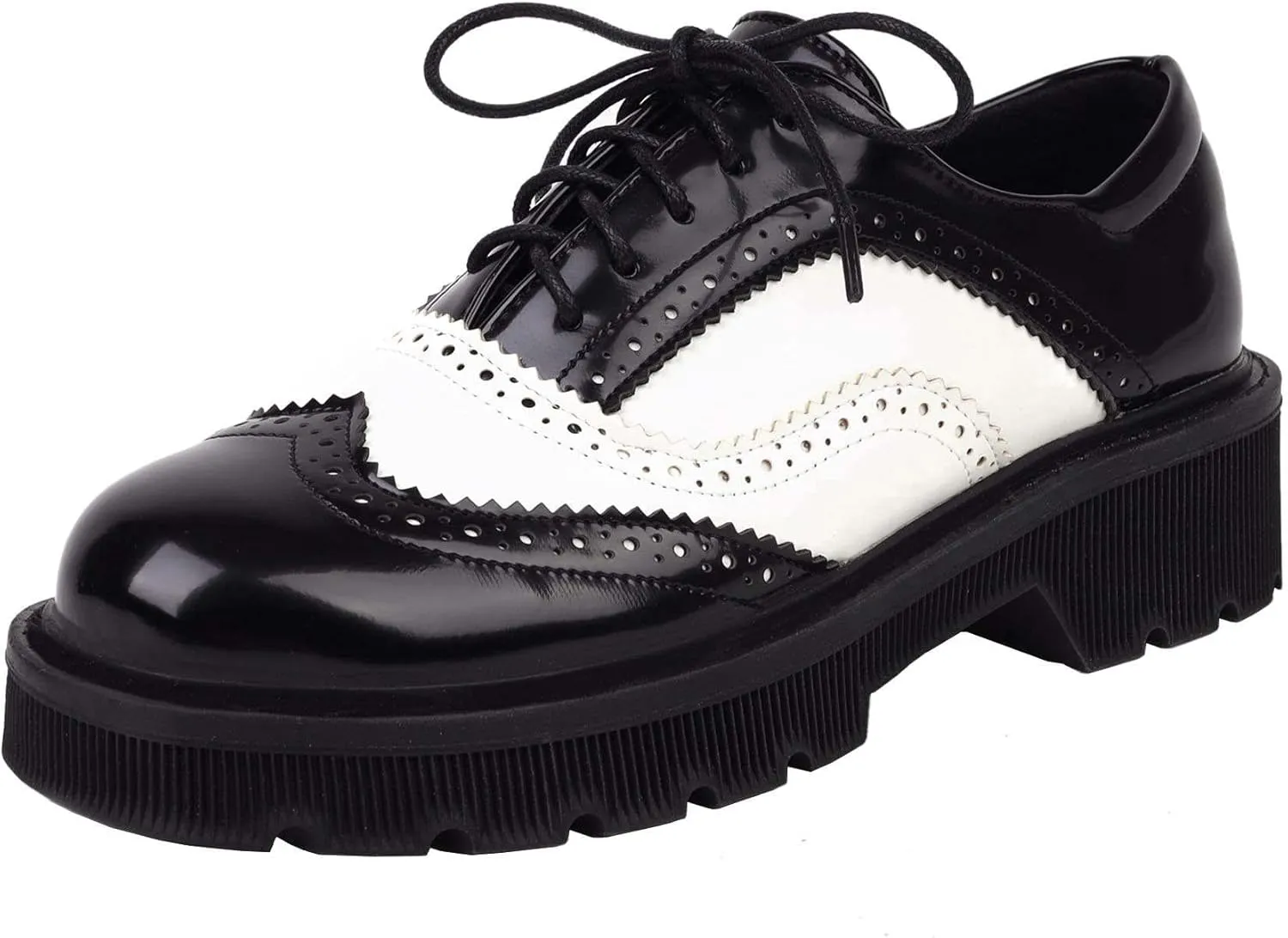 Seborluys Women's PU Leather Oxfords Wingtip Lace Up Shoes Chunky Low Heel Vintage Round Toe Brogue Shoes