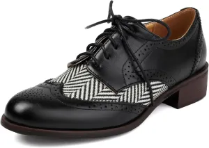 SEIFIN Women's Classic Chunky Low Heels Oxfords Perforated Lace-up Wingtip Multicolor Flat Oxfords Comfortable Brogue Vintage Oxford Business Work Office Dress Shoes for Womens Ladies