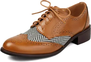 SEIFIN Women's Classic Chunky Low Heels Oxfords Perforated Lace-up Wingtip Multicolor Flat Oxfords Comfortable Brogue Vintage Oxford Business Work Office Dress Shoes for Womens Ladies