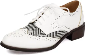 SEIFIN Women's Classic Chunky Low Heels Oxfords Perforated Lace-up Wingtip Multicolor Flat Oxfords Comfortable Brogue Vintage Oxford Business Work Office Dress Shoes for Womens Ladies