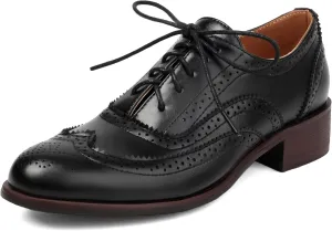 SEIFIN Women's Classic Oxfords Chunky Low Heels Perforated Lace-up Wingtip Multicolor Flat Oxfords Comfortable Brogue Vintage Oxford Business Work Office Dress Shoes for Womens Ladies