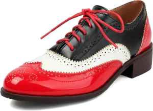 SEIFIN Women's Classic Oxfords Chunky Low Heels Perforated Lace-up Wingtip Multicolor Flat Oxfords Comfortable Brogue Vintage Oxford Business Work Office Dress Shoes for Womens Ladies