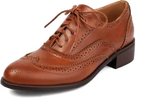 SEIFIN Women's Classic Oxfords Chunky Low Heels Perforated Lace-up Wingtip Multicolor Flat Oxfords Comfortable Brogue Vintage Oxford Business Work Office Dress Shoes for Womens Ladies