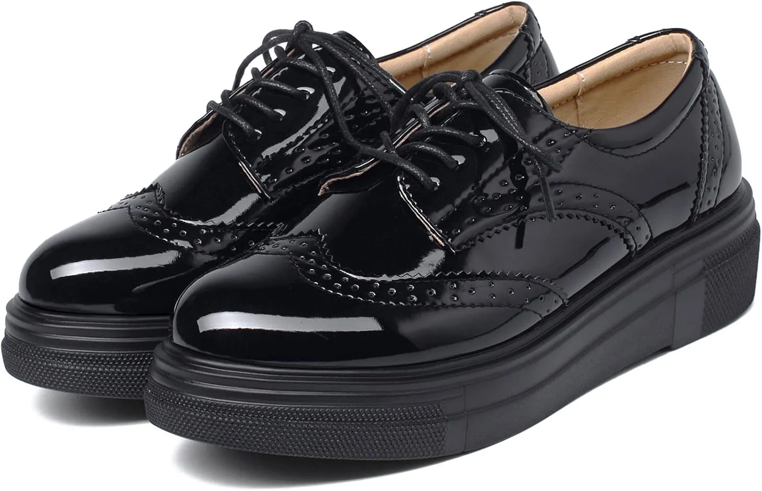 SHEMEE Women's Platform Patent Leather Lace Up Oxfords Pumps Vintage Wingtip Mid Heels Round Toe Brogues Flat Dress Shoes