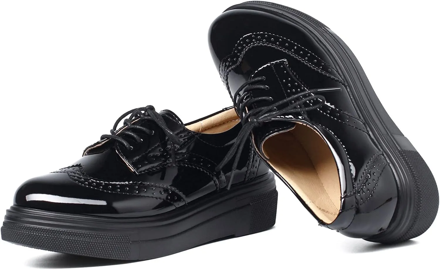SHEMEE Women's Platform Patent Leather Lace Up Oxfords Pumps Vintage Wingtip Mid Heels Round Toe Brogues Flat Dress Shoes