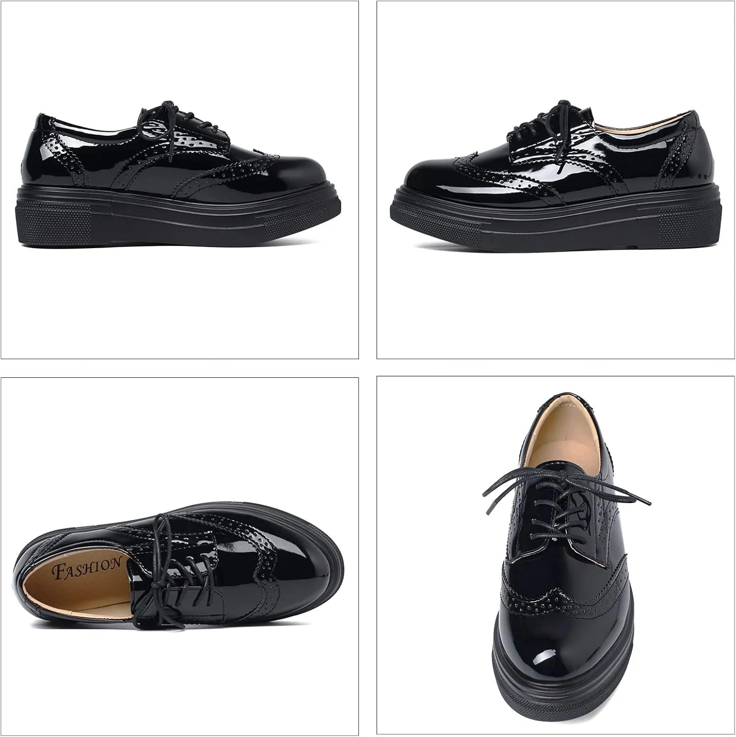 SHEMEE Women's Platform Patent Leather Lace Up Oxfords Pumps Vintage Wingtip Mid Heels Round Toe Brogues Flat Dress Shoes