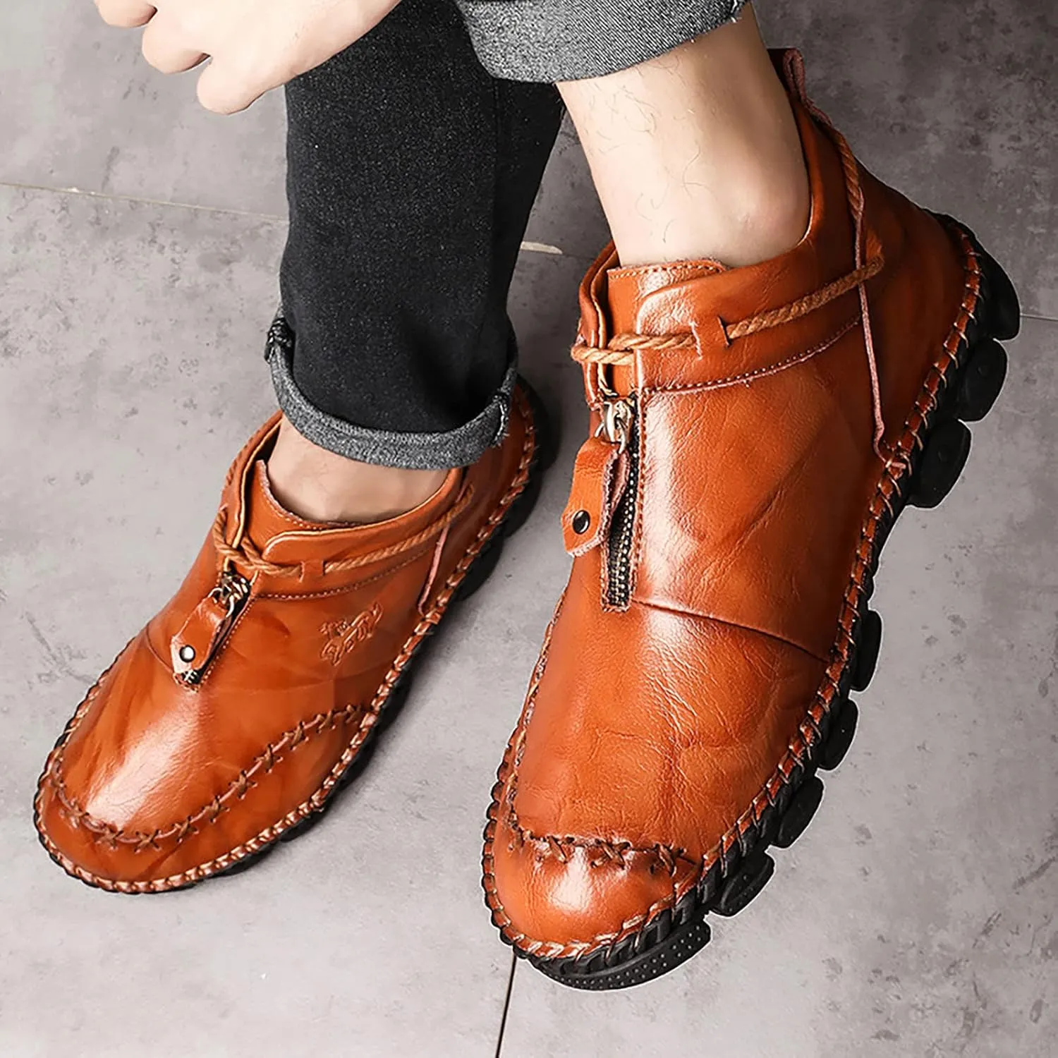 Slip on Walking Shoes Men Comfortable PU Leather Memory Foam Breathable Mesh Fashion Sneakers Non Slip Indoor Outdoor Training Gym Shoes Wide Width