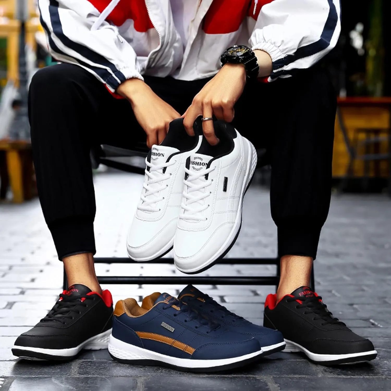 Slip on Walking Shoes Men PU Leather Comfortable Memory Foam Breathable Lace Up Fashion Sneakers Non Slip Arch Support Vacation Training Gym Shoes Wide Width
