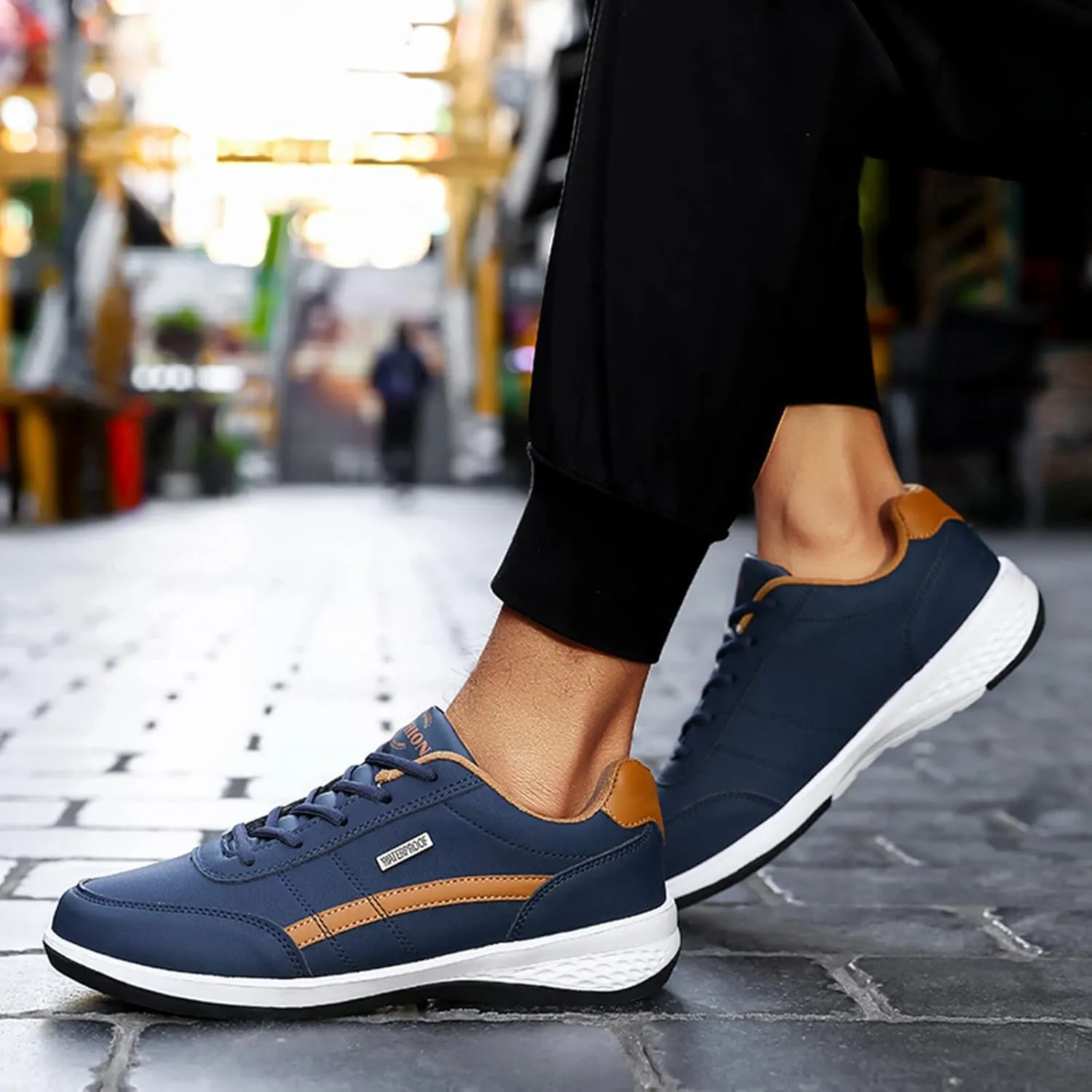 Slip on Walking Shoes Men PU Leather Comfortable Memory Foam Breathable Lace Up Fashion Sneakers Non Slip Arch Support Vacation Training Gym Shoes Wide Width