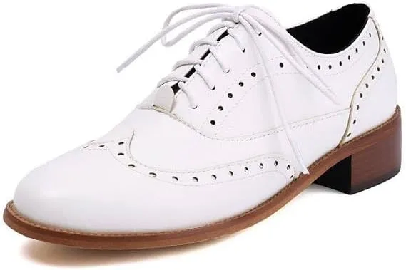 Women Brogue Shoes Glossy Almond Toe Low Block Heels