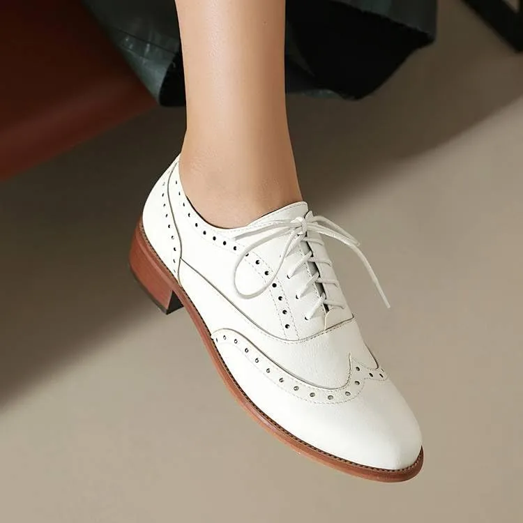 Women Brogue Shoes Glossy Almond Toe Low Block Heels