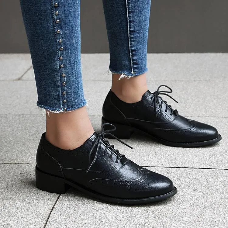 Women Brogue Shoes Glossy Almond Toe Low Block Heels