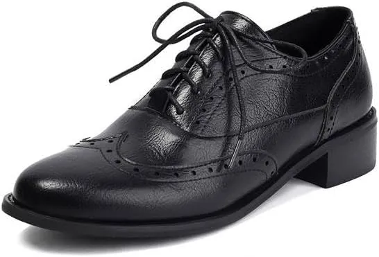 Women Brogue Shoes Glossy Almond Toe Low Block Heels