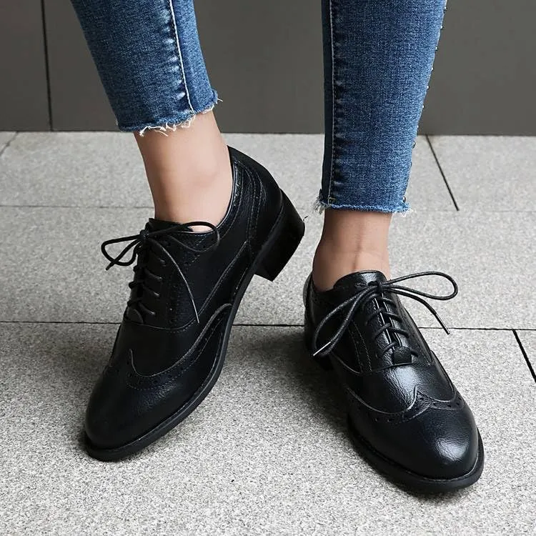 Women Brogue Shoes Glossy Almond Toe Low Block Heels