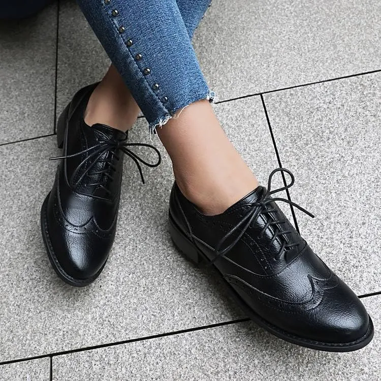 Women Brogue Shoes Glossy Almond Toe Low Block Heels