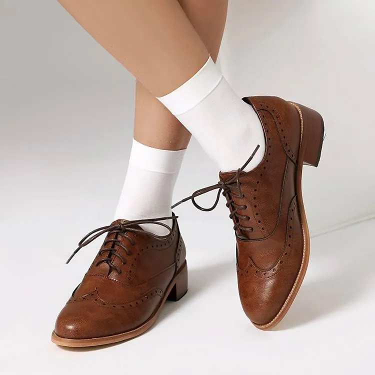 Women Brogue Shoes Glossy Almond Toe Low Block Heels