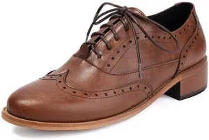 Women Brogue Shoes Glossy Almond Toe Low Block Heels