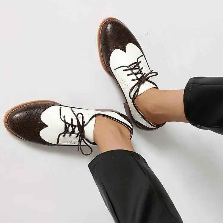 Women Lace Up Brogue Shoes Glossy Patent Leather Low Block Heels with Patchwork
