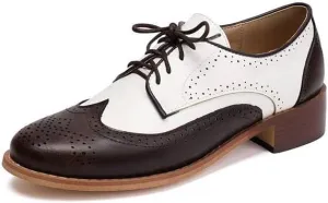 Women Lace Up Brogue Shoes Glossy Patent Leather Low Block Heels with Patchwork