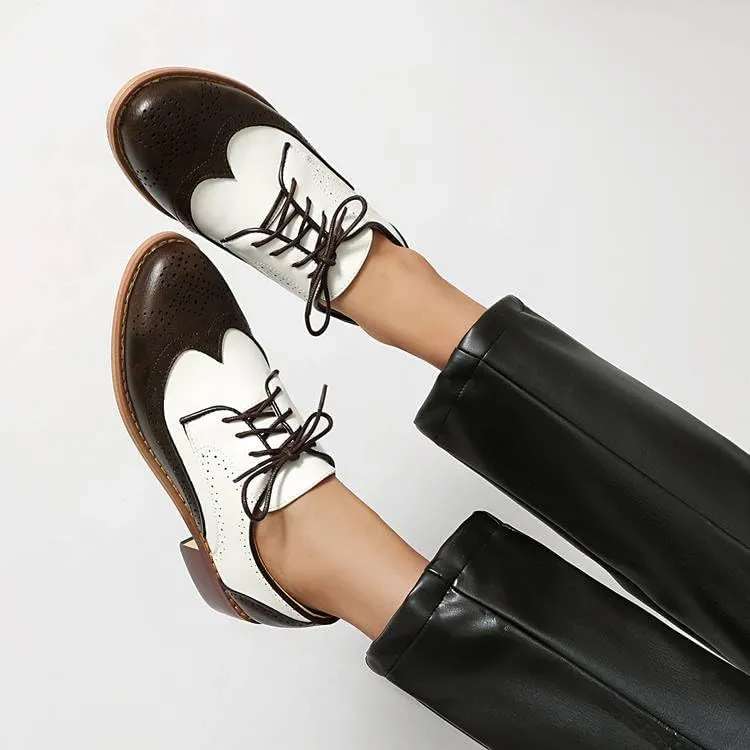 Women Lace Up Brogue Shoes Glossy Patent Leather Low Block Heels with Patchwork