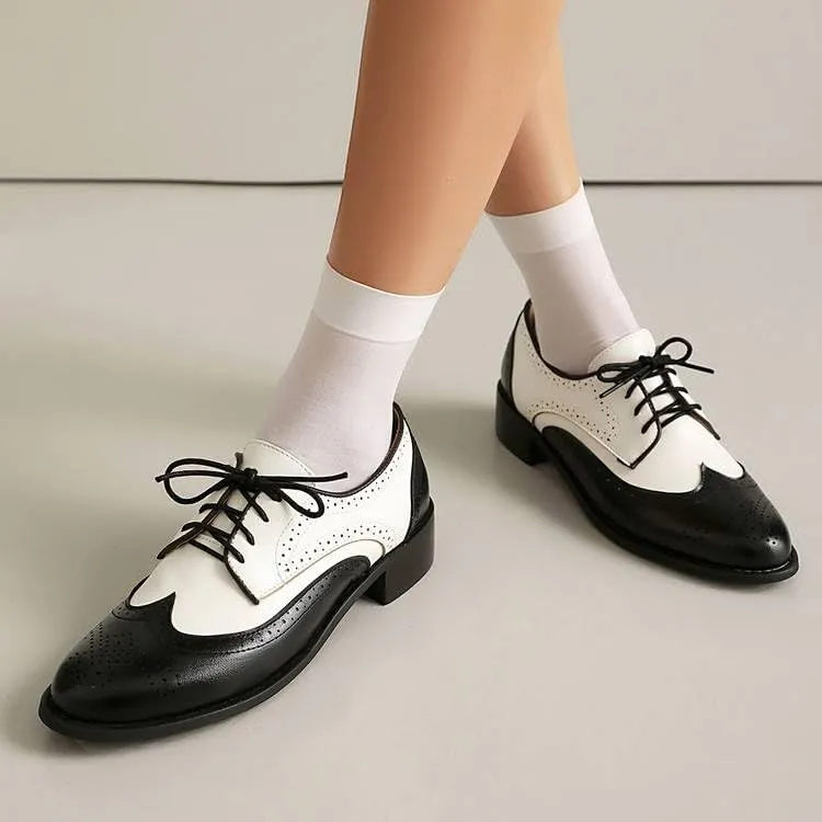 Women Lace Up Brogue Shoes Glossy Patent Leather Low Block Heels with Patchwork