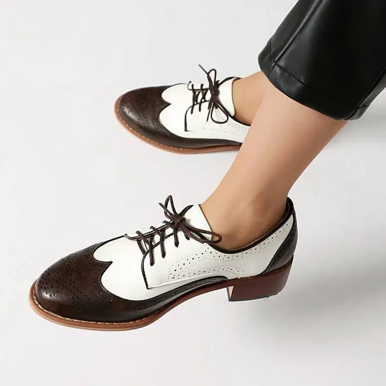 Women Lace Up Brogue Shoes Glossy Patent Leather Low Block Heels with Patchwork